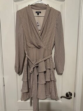 Express Beige and Brown Polka Dot Long Sleeve Wrap Dress